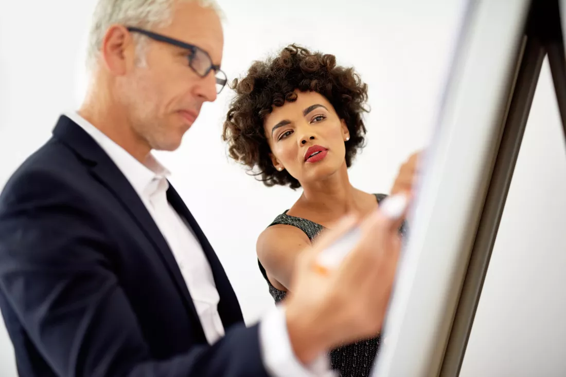 office-business-people-boss-with-whiteboard-planning-notes-thinking-sales-discussion-mature-man-female-assistant-with-brainstorming-corporate-project-solution-writing